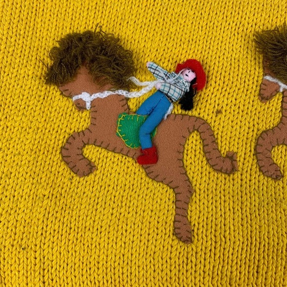 Vintage Andina Blue Yellow Western Town Teacher Sweater TINY FLAW - Picture 5 of 13